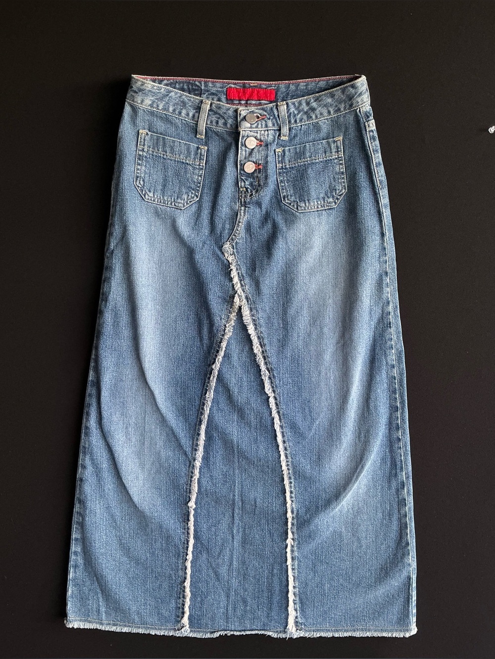 BONGO Blue Denim Midi Skirt with Frayed Front Seam